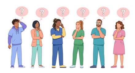 Fototapeta premium Diverse professional employees thinking with question mark bubbles.