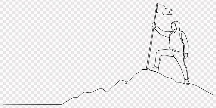 Single one line drawing woman climber standing on top of mountain with flag. Young smiling mountaineer climbing on rock. transparent background, Continuous line drawing of a hiker with a backpack stan