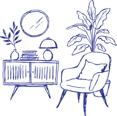 Fototapeta premium Hand-drawn interior scene with chair and plants in a minimalist line art style with copy space