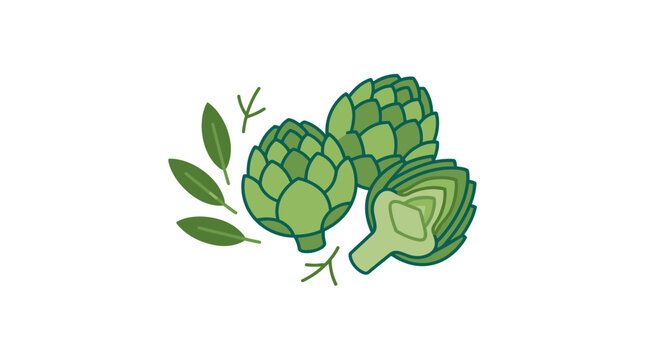 Fresh green artichoke vegetables illustration featuring whole and sliced globe artichokes with decorative leaves on a white background