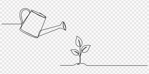 Minimalist continuous line drawing of watering can pouring water onto small plant with leaves, abstract single stroke artwork, transparent background, Continuous single line drawing of a small green. © Gerish