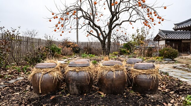 Traditional Korean onggi earthenware jars arranged in a rustic garden under a persimmon tree.
