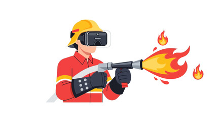 Naklejka premium Firefighter Training with VR Headset Virtual Reality Firefighting Simulation Illustration