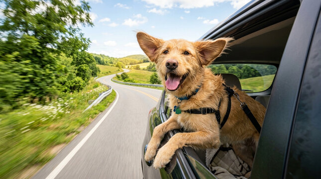 Happy dog riding in car with head out window ears flapping in wind on sunny day with green trees and winding road