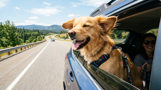 Happy dog riding in car with head out window ears flapping in wind smiling on sunny day on scenic road trip