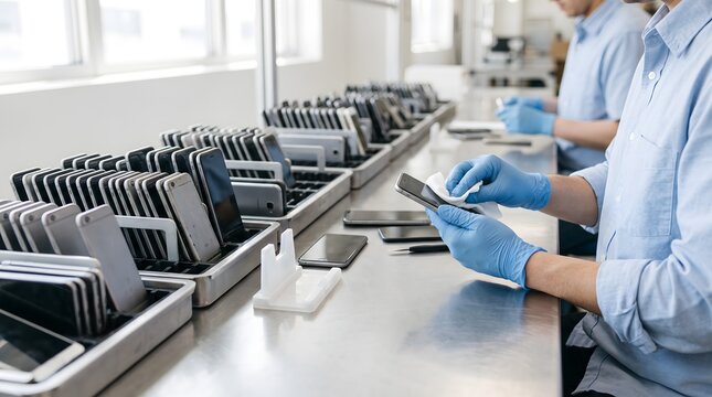 Electronics technicians in a refurbishment facility clean and inspect rows of used smartphones on a stainless steel workbench.