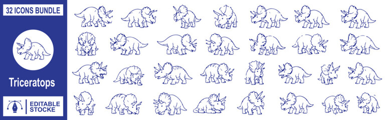 32 Triceratops Vector Outline Icons Set – Dinosaur, Prehistoric Animal, Jurassic Line Symbols Collection © Shekhar