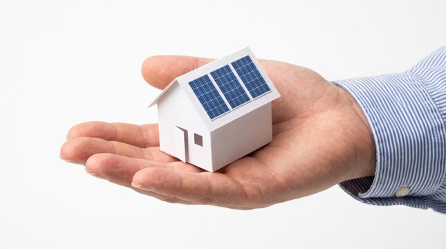 Solar energy house model held in hand, sustainable home with photovoltaic panels, renewable residential power concept on white background