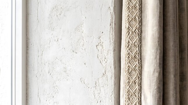 A close-up view of a textured limewashed wall meeting the decorative braided trim of a neutral linen curtain.