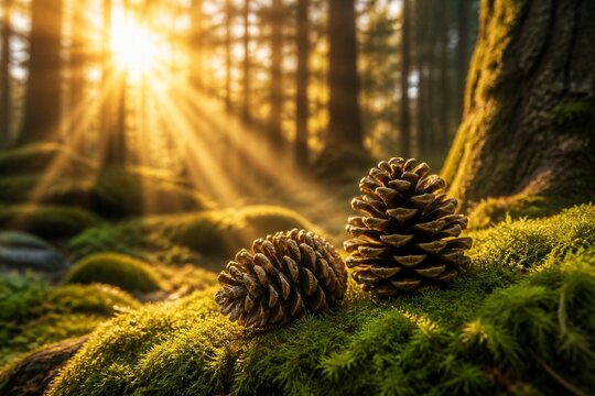 Pine cones on mossy forest floor with sun rays
