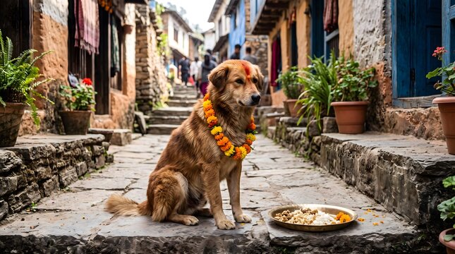 A street dog wearing a marigold garland and red tika sits on a stone path in a hillside village during a traditional festival.