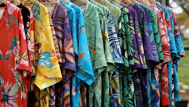 Vibrant 4K fashion design b roll showing a clothing rack filled with colorful eco printed garments highlighting sustainable style unique organic patterns and creative textile textures