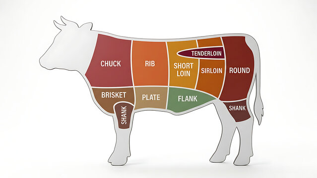 Minimalist beef cuts chart illustrating primary meat sections