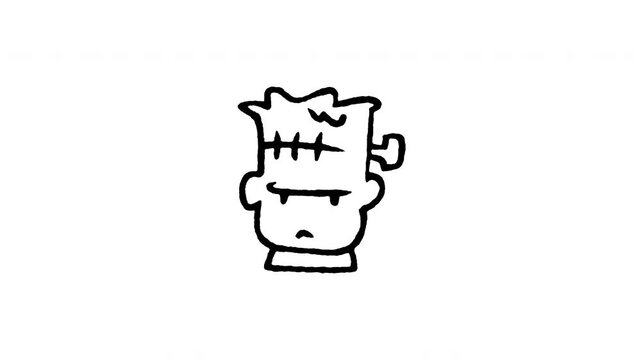 4K animated Frankenstein monster head doodle icon. Frame by frame line art on black and green screen chroma key background for classic horror creature, spooky Halloween face, gothic creature edits.