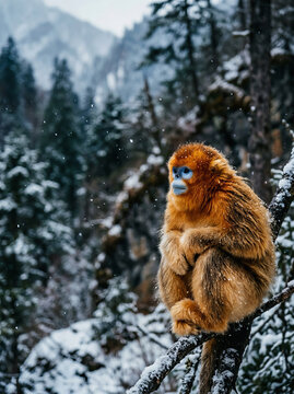 Golden snub nosed monkey sits on snowy tree branch in mountain forest during snowfall