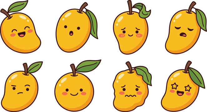 Cute Mango Fruit Characters with Different Facial Expressions Cartoon Collection Isolated on White Background