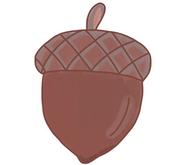 A hand-drawn acorn illustration featuring a warm brown nut body and a textured diamond-pattern cap, complete with a curved stem. Isolated on a clean white background, autumn-themed design. © Silvie