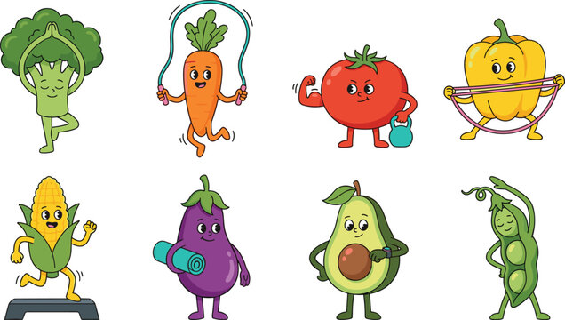Cute Vegetable Fitness Characters Exercising with Yoga Jump Rope Weights and Stretching
