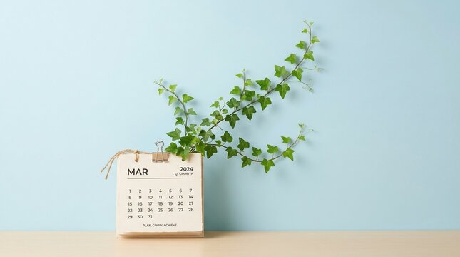 March calendar with a green ivy plant growing out of it symbolizing long term strategy and business growth planning on a blue background