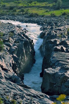 forra lavica del Simeto: ancient basalt carved by the flowing of Simeto River, Adrano, Sicily, Italy