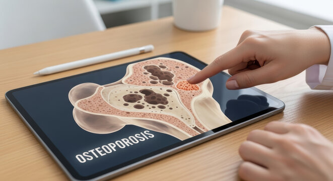 Osteoporosis bone health medical tablet finger digital education clinic disease prevention treatment diagnosis research patient care osteopenia