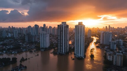Fototapeta premium Flooded City Buildings During Dramatic Sunset
