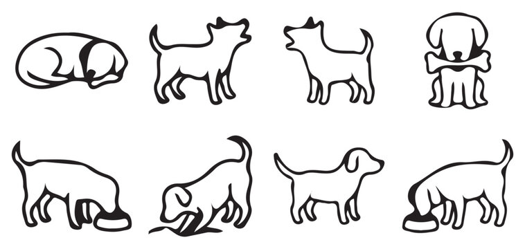  Dog breed outline icons collection featuring different standing and sitting poses. vector illustration eps 10
