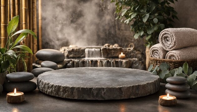 Relaxing Spa Setting With Water Feature And Warm Towels