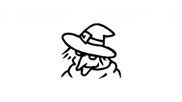 4K animated scary witch face doodle icon. Frame by frame line art on black and green screen chroma key background for wicked hag head, evil sorceress, Halloween monster, spooky old witch edits.