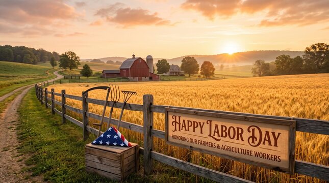 Labor day sunset landscape featuring golden wheat field and farm house with rural equipment.