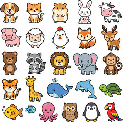 Obraz premium Set of cute cartoon animals and wild creatures collection