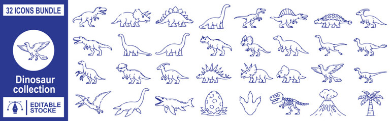 32 Dinosaur Collection Vector Outline Icons Set – Prehistoric Animals, Jurassic Reptiles, Fossils and Nature Line Symbols Bundle © Shekhar