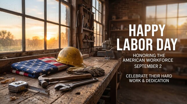 Workbench with yellow hard hat american flag and tools celebrating labor day for workers now.