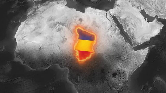 Animated map of chad with glowing national flag border, central africa geographic concept geography