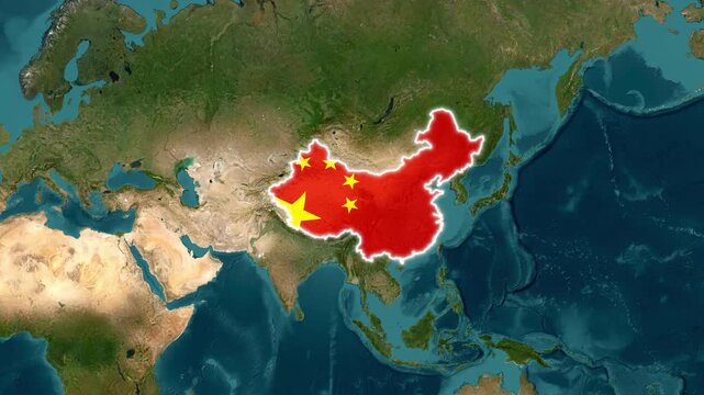 Animated map of china with national flag overlay and glowing border for geopolitical news and global business presentations