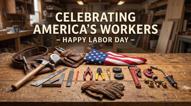 Woodworking workshop table with manual tools leather belt and celebrating america workers.