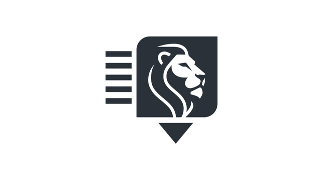 Stylized lion head with barcode element.