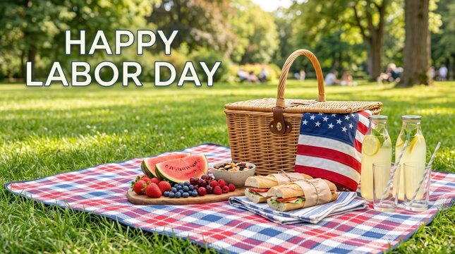 Labor day picnic spread on grass with fruit sandwiches lemonade basket and american flag.