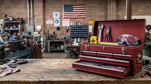 Red metal toolbox open on wooden workbench in industrial garage with various repair tools.