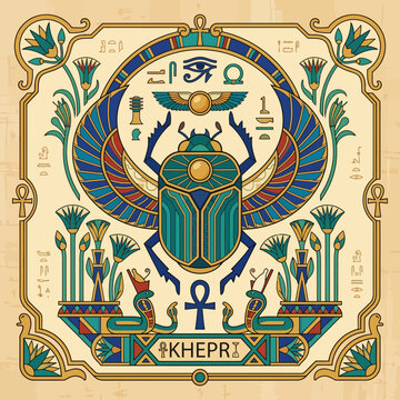 Ancient Egyptian Khepri Scarab Beetle God with Hieroglyphs and Symbols