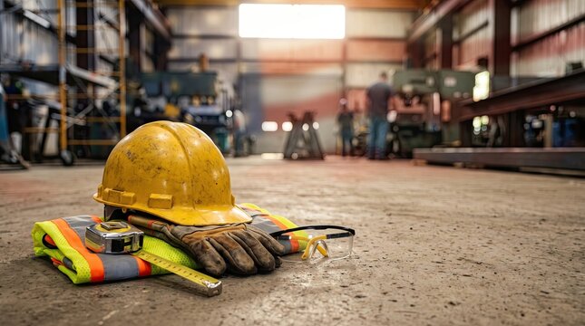 Safety equipment hard hat with work gloves and measuring tape in industrial factory.