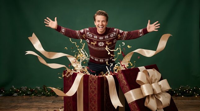 Portrait of a happy person holding Christmas gifts featuring soft tones