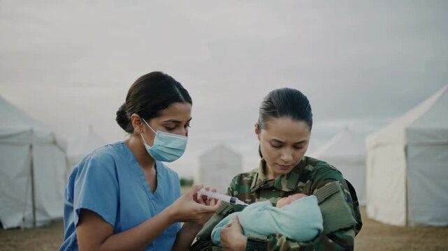 Medical professional in blue scrubs giving vaccine to baby held by soldier in camouflage uniform
