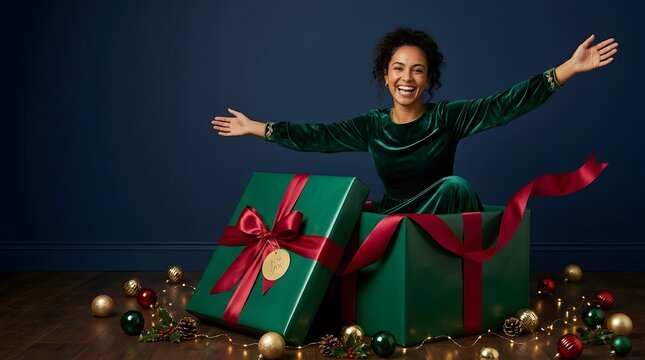Portrait of a happy person holding Christmas gifts with a vibrant vibe