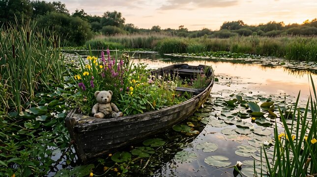 Whimsical Wetland: Teddy Bear in Floral Boat, Golden Sunset Glow
