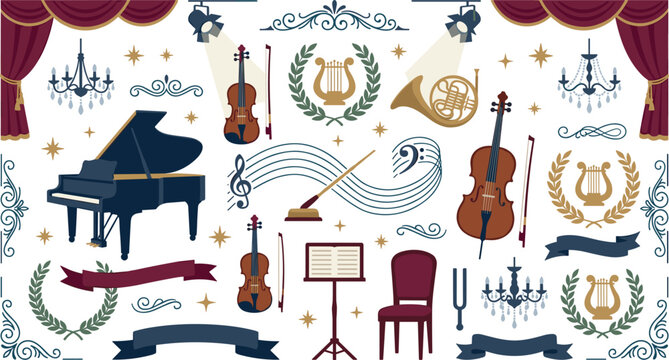 Classical orchestra concert and opera theater stage vector element pack with grand piano violin cello and laurel wreath icons.