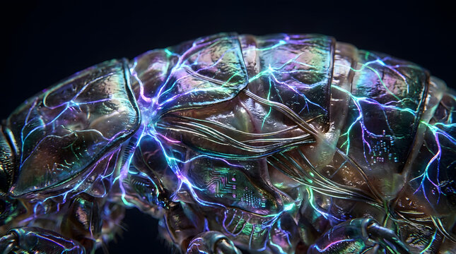 Microscopic Detail of a Cybernetic Isopod Segment with Glowing Neon Bioluminescent Veins