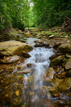 Curtis Creek after the devastation of Hurricane Helene by Curtis Creek Campground in the Pisgah National Forest North Carolina.