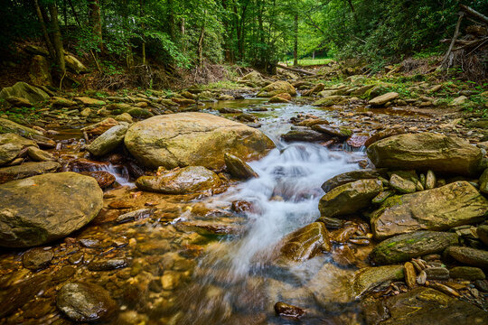 Curtis Creek after the devastation of Hurricane Helene by Curtis Creek Campground in the Pisgah National Forest North Carolina.