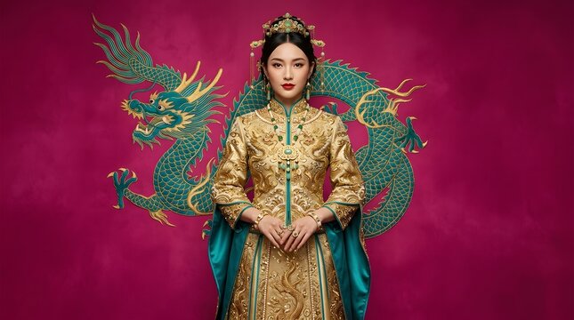 Asian fantasy portrait featuring traditional elements and dragon motifs in a modern setting